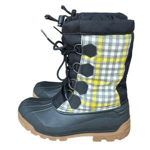 J Crew Womens Snow Boots Black Yellow Gray Plaid Shearling Lining Size 10/11